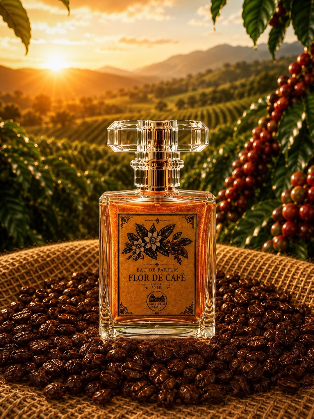 Perfume Flor de Café da Colheita Farm sobre grãos de café, com a lavoura ao pôr do sol ao fundo